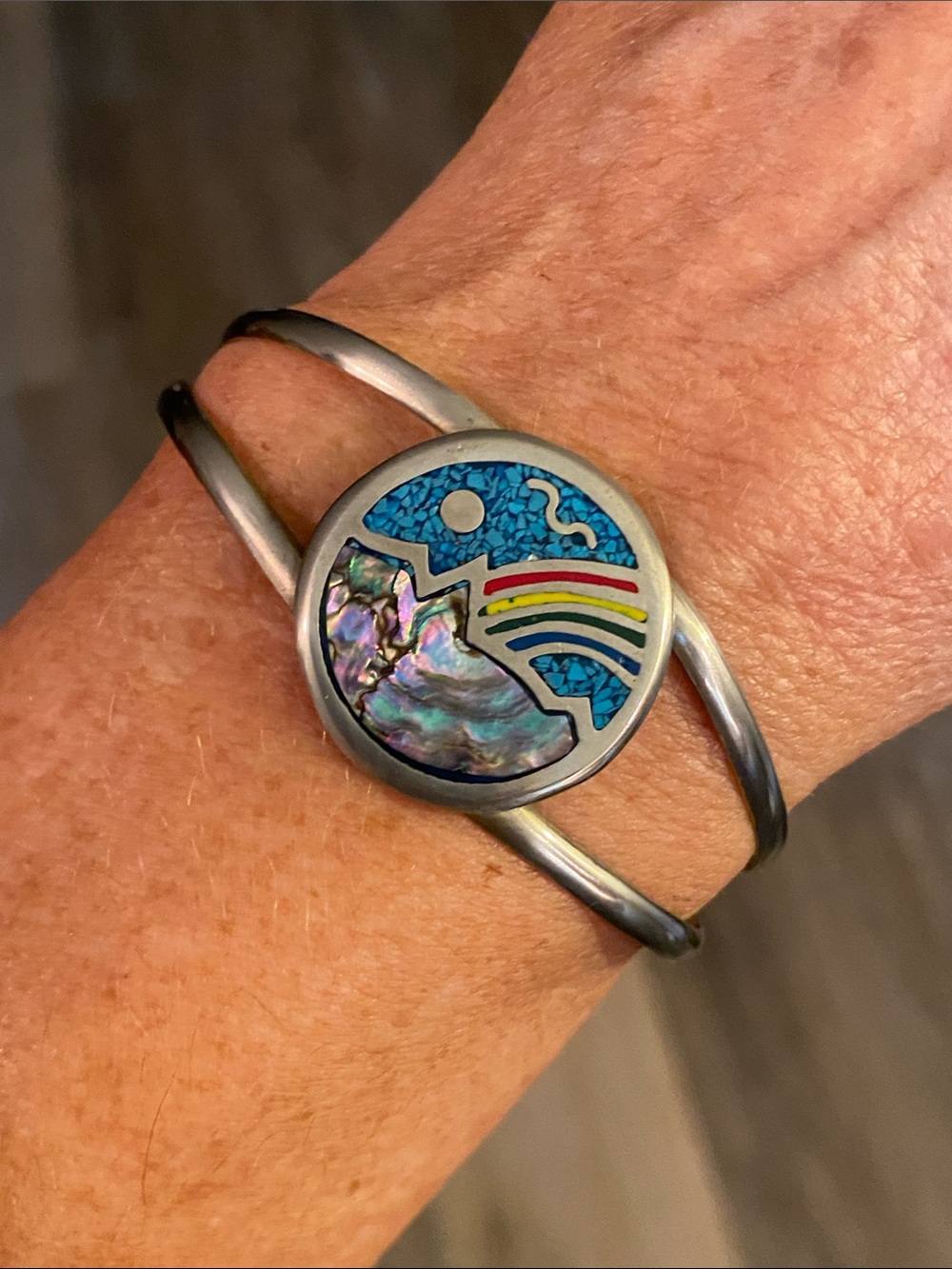Vintage Mexico Abalone & Turquoise Inlay Cuff Bracelet Rainbow Scenic Design